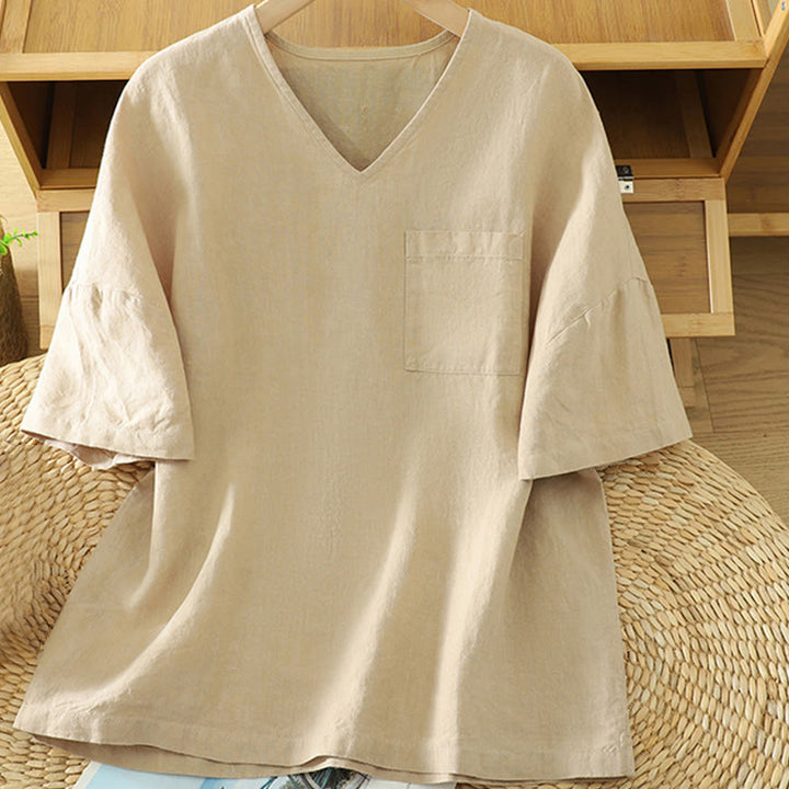 T-shirt casual da donna in cotone e lino con scollo a V e tasca Buddha Stones - Grano - US14, UK/AU18, EU46 (2XL) - image 1