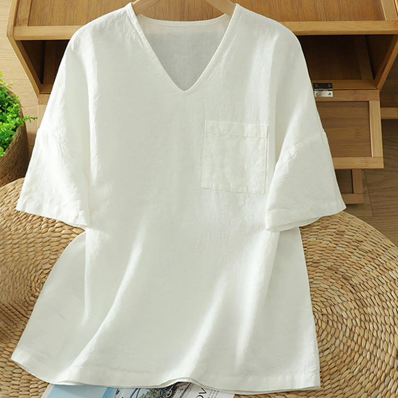 T-shirt casual da donna in cotone e lino con scollo a V e tasca Buddha Stones - Bianco - US14, UK/AU18, EU46 (2XL) - image 6
