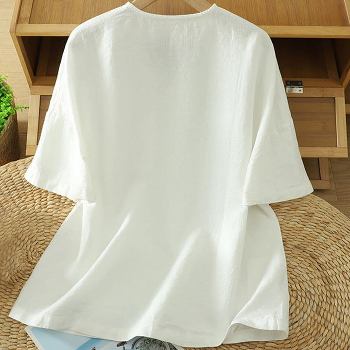 T-shirt casual da donna in cotone e lino con scollo a V e tasca Buddha Stones - image 7