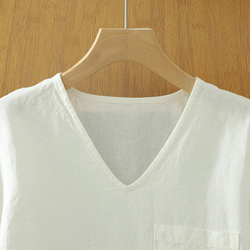 T-shirt casual da donna in cotone e lino con scollo a V e tasca Buddha Stones - image 8