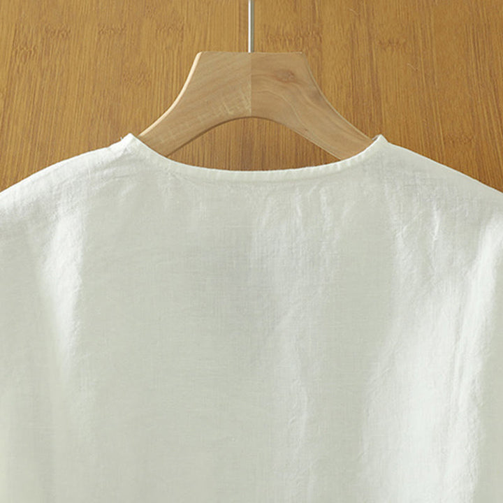 T-shirt casual da donna in cotone e lino con scollo a V e tasca Buddha Stones - image 9