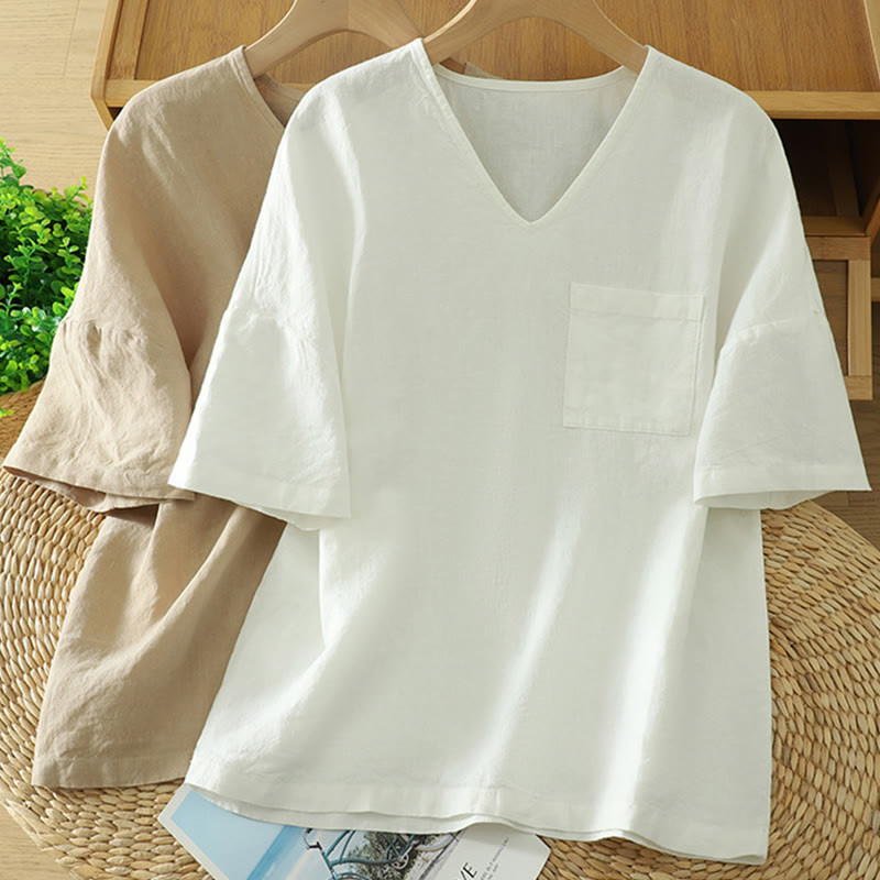 T-shirt casual da donna in cotone e lino con scollo a V e tasca Buddha Stones - image 15