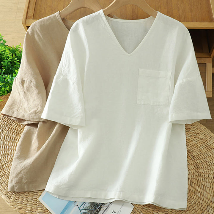 T-shirt casual da donna in cotone e lino con scollo a V e tasca Buddha Stones - image 15