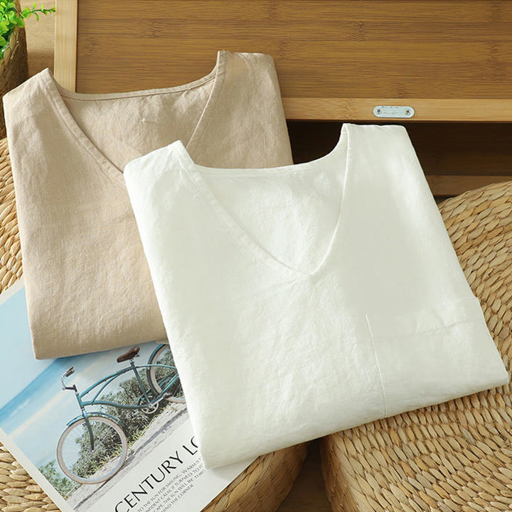 T-shirt casual da donna in cotone e lino con scollo a V e tasca Buddha Stones - image 17
