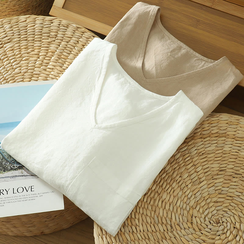 T-shirt casual da donna in cotone e lino con scollo a V e tasca Buddha Stones - image 16