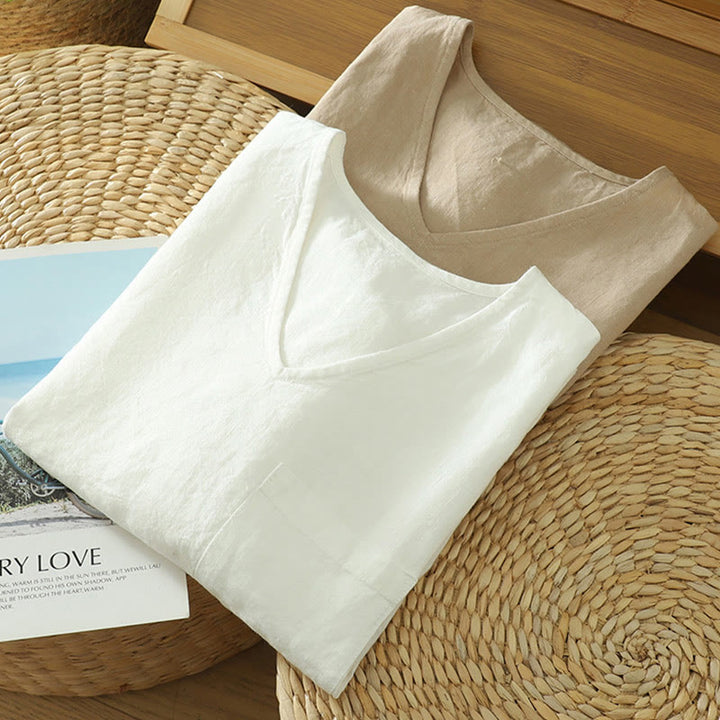 T-shirt casual da donna in cotone e lino con scollo a V e tasca Buddha Stones - image 16