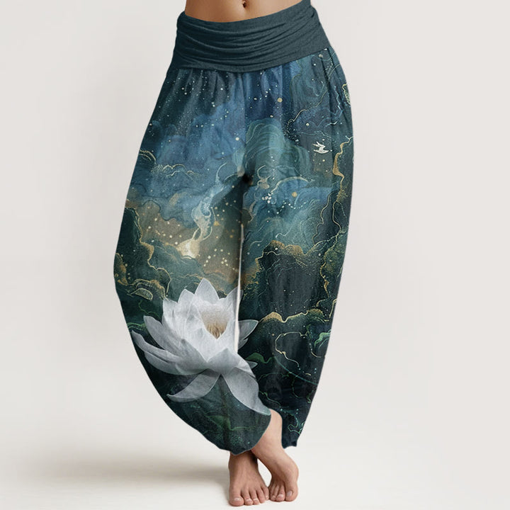 Pantaloni harem da donna in puro cotone con elastico in vita, motivo : Buddha Stones, motivo: loto, cielo stellato e nuvole