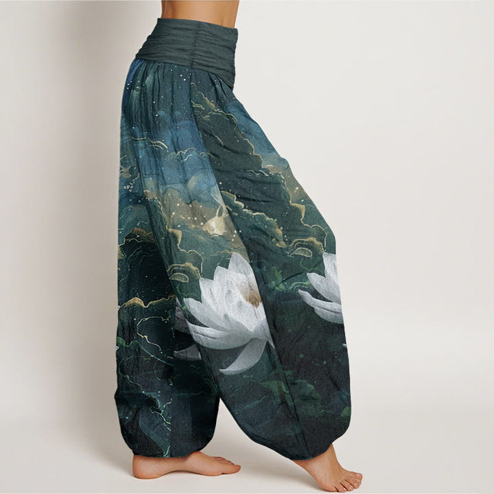 Pantaloni harem da donna in puro cotone con elastico in vita, motivo : Buddha Stones, motivo: loto, cielo stellato e nuvole