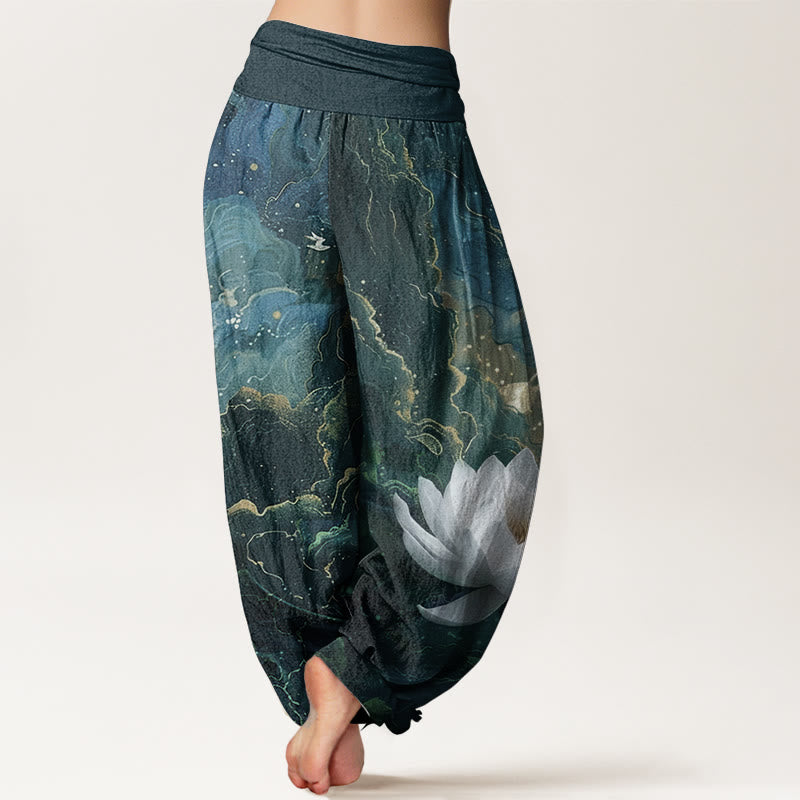 Pantaloni harem da donna in puro cotone con elastico in vita, motivo : Buddha Stones, motivo: loto, cielo stellato e nuvole