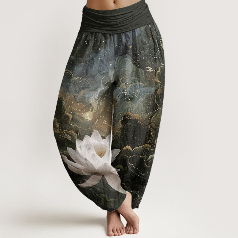 Pantaloni harem da donna in puro cotone con elastico in vita, motivo : Buddha Stones, motivo: loto, cielo stellato e nuvole