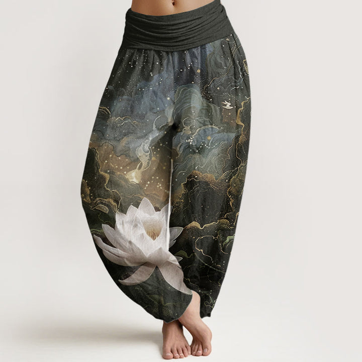 Pantaloni harem da donna in puro cotone con elastico in vita, motivo : Buddha Stones, motivo: loto, cielo stellato e nuvole