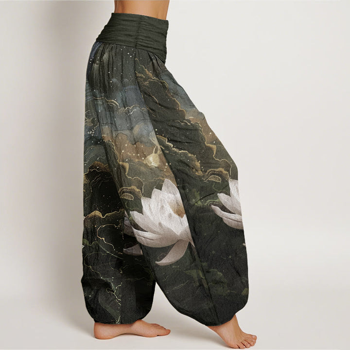 Pantaloni harem da donna in puro cotone con elastico in vita, motivo : Buddha Stones, motivo: loto, cielo stellato e nuvole