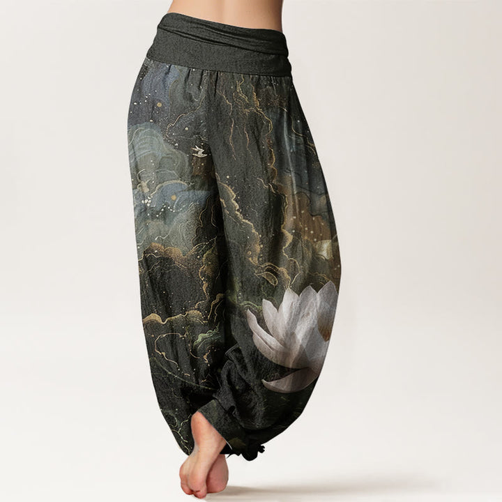 Pantaloni harem da donna in puro cotone con elastico in vita, motivo : Buddha Stones, motivo: loto, cielo stellato e nuvole