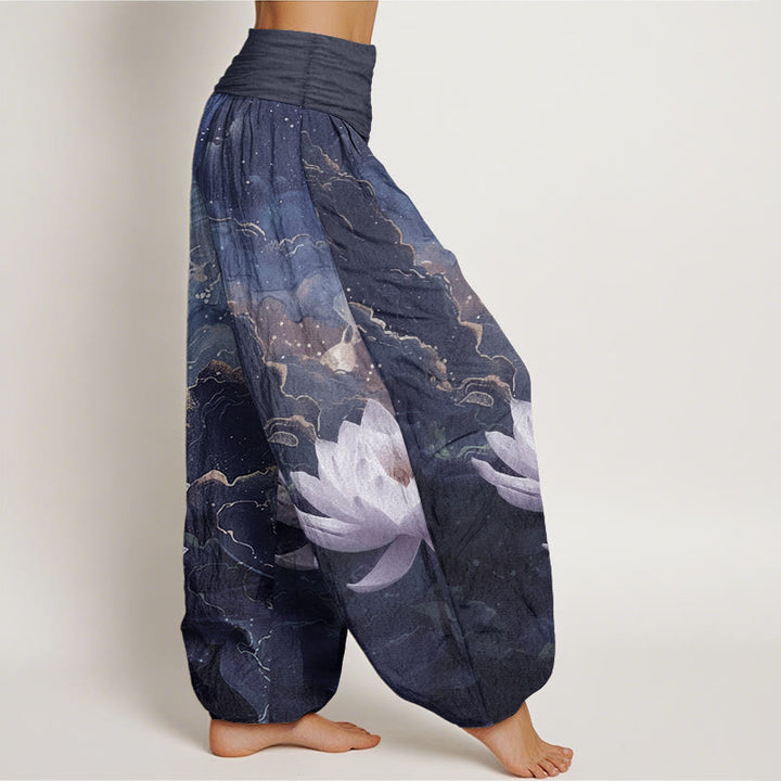 Pantaloni harem da donna in puro cotone con elastico in vita, motivo : Buddha Stones, motivo: loto, cielo stellato e nuvole