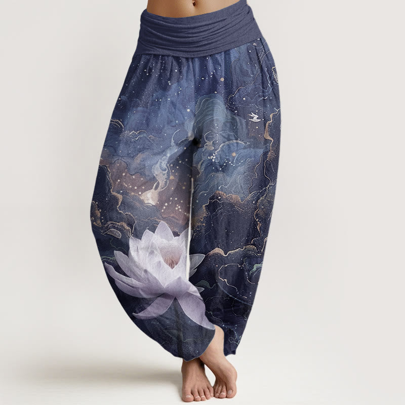 Pantaloni harem da donna in puro cotone con elastico in vita, motivo : Buddha Stones, motivo: loto, cielo stellato e nuvole