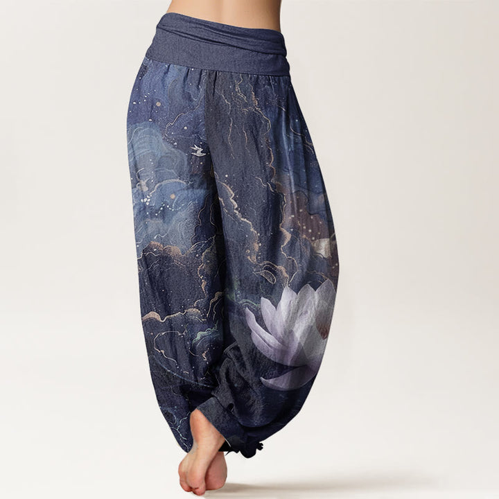 Pantaloni harem da donna in puro cotone con elastico in vita, motivo : Buddha Stones, motivo: loto, cielo stellato e nuvole