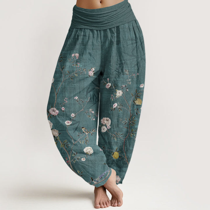 Pantaloni harem da donna con elastico in vita, in puro cotone, con motivo Buddha Stones, fiori rosa e bianchi, foglie di bambù e frutta