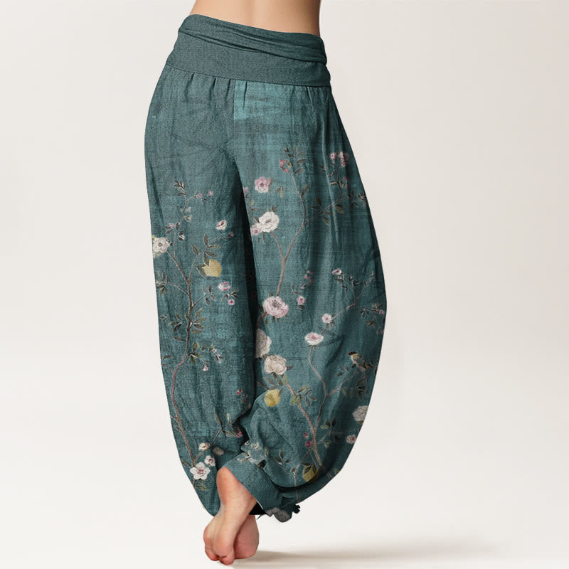 Pantaloni harem da donna con elastico in vita, in puro cotone, con motivo Buddha Stones, fiori rosa e bianchi, foglie di bambù e frutta