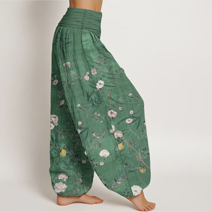 Pantaloni harem da donna con elastico in vita, in puro cotone, con motivo Buddha Stones, fiori rosa e bianchi, foglie di bambù e frutta
