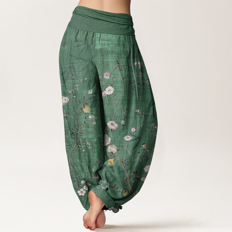 Pantaloni harem da donna con elastico in vita, in puro cotone, con motivo Buddha Stones, fiori rosa e bianchi, foglie di bambù e frutta