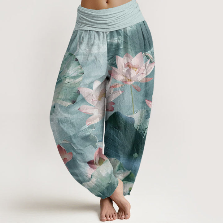 Pantaloni harem da donna con elastico in vita, in puro cotone, casual, motivo a petalo di loto, motivo a stagno, motivo Buddha Stones