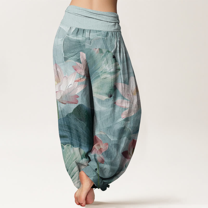 Pantaloni harem da donna con elastico in vita, in puro cotone, casual, motivo a petalo di loto, motivo a stagno, motivo Buddha Stones