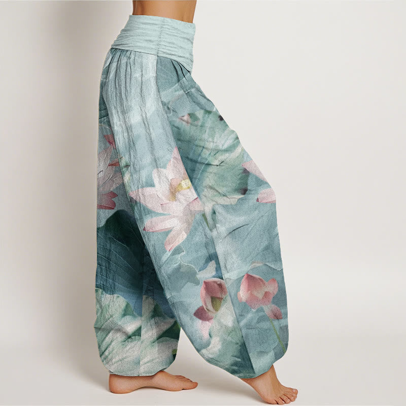 Pantaloni harem da donna con elastico in vita, in puro cotone, casual, motivo a petalo di loto, motivo a stagno, motivo Buddha Stones
