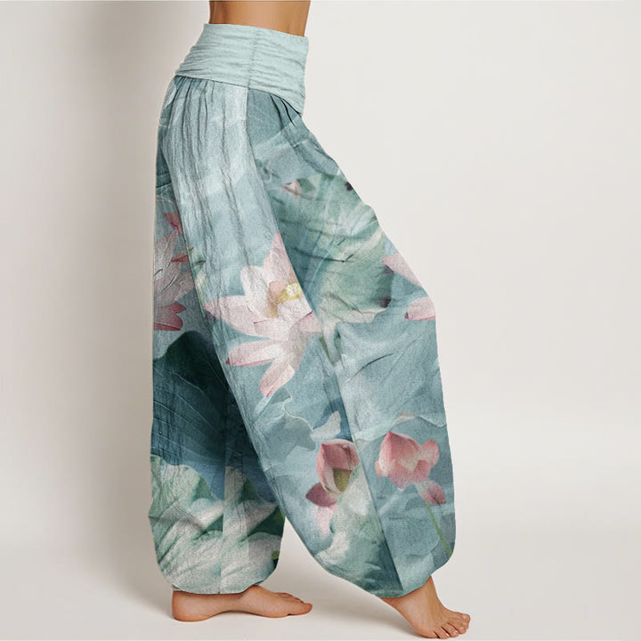 Pantaloni harem da donna con elastico in vita, in puro cotone, casual, motivo a petalo di loto, motivo a stagno, motivo Buddha Stones