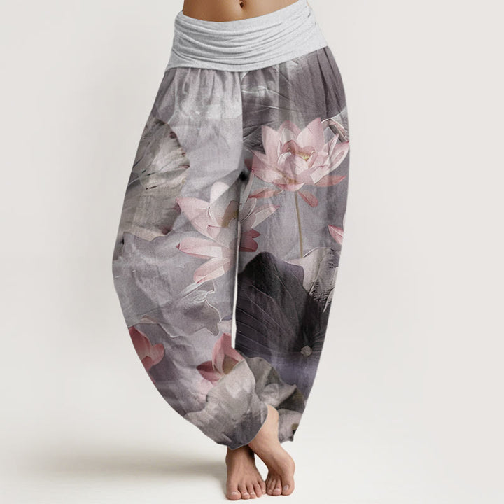 Pantaloni harem da donna con elastico in vita, in puro cotone, casual, motivo a petalo di loto, motivo a stagno, motivo Buddha Stones