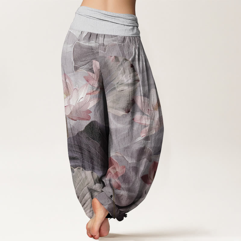 Pantaloni harem da donna con elastico in vita, in puro cotone, casual, motivo a petalo di loto, motivo a stagno, motivo Buddha Stones