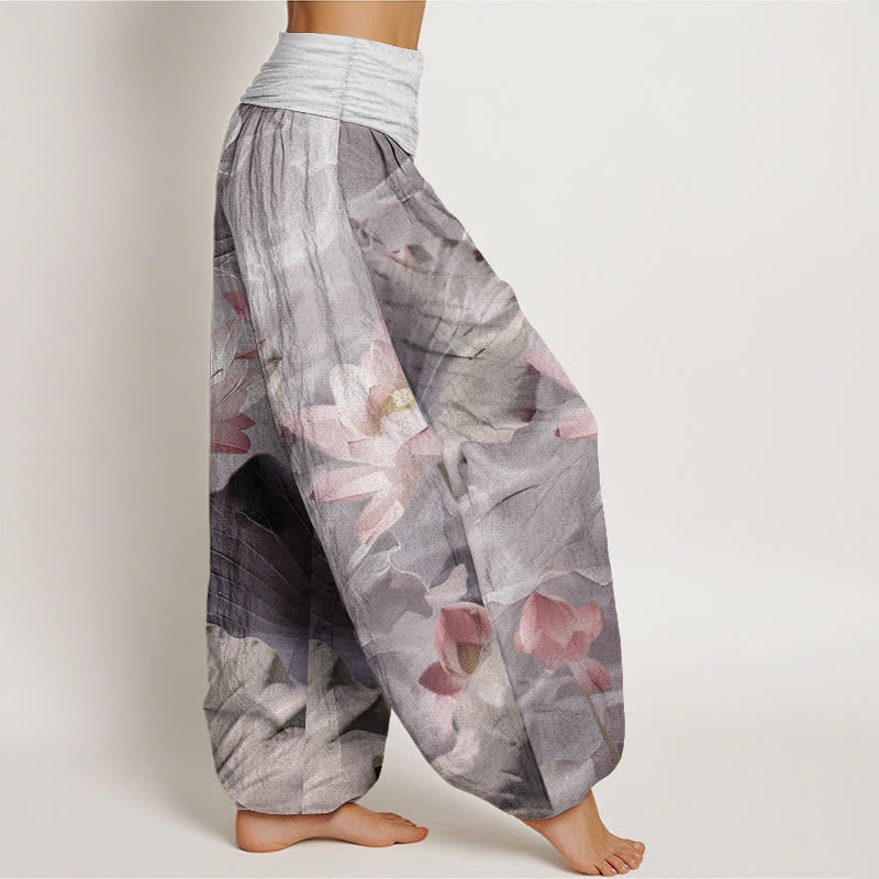 Pantaloni harem da donna con elastico in vita, in puro cotone, casual, motivo a petalo di loto, motivo a stagno, motivo Buddha Stones