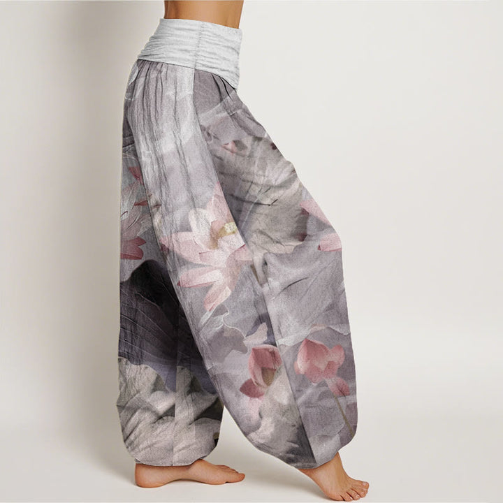 Pantaloni harem da donna con elastico in vita, in puro cotone, casual, motivo a petalo di loto, motivo a stagno, motivo Buddha Stones