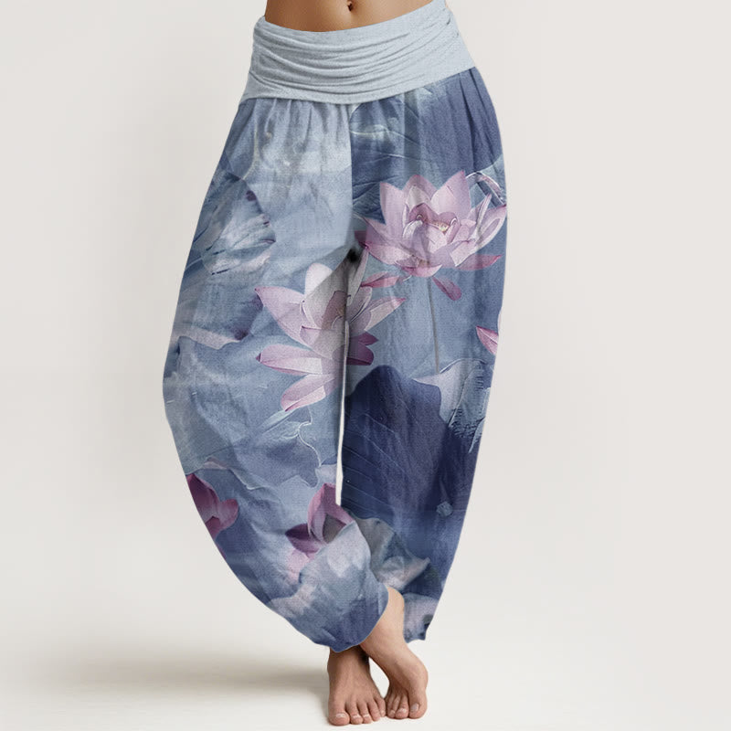 Pantaloni harem da donna con elastico in vita, in puro cotone, casual, motivo a petalo di loto, motivo a stagno, motivo Buddha Stones