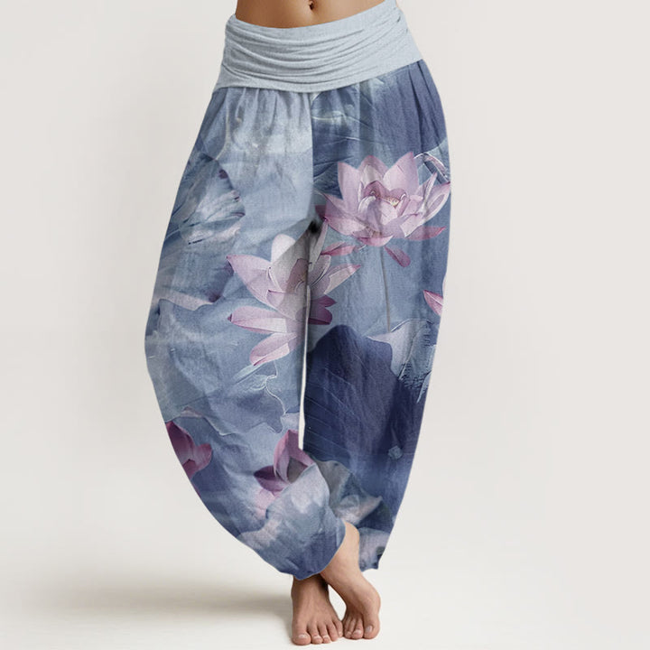 Pantaloni harem da donna con elastico in vita, in puro cotone, casual, motivo a petalo di loto, motivo a stagno, motivo Buddha Stones