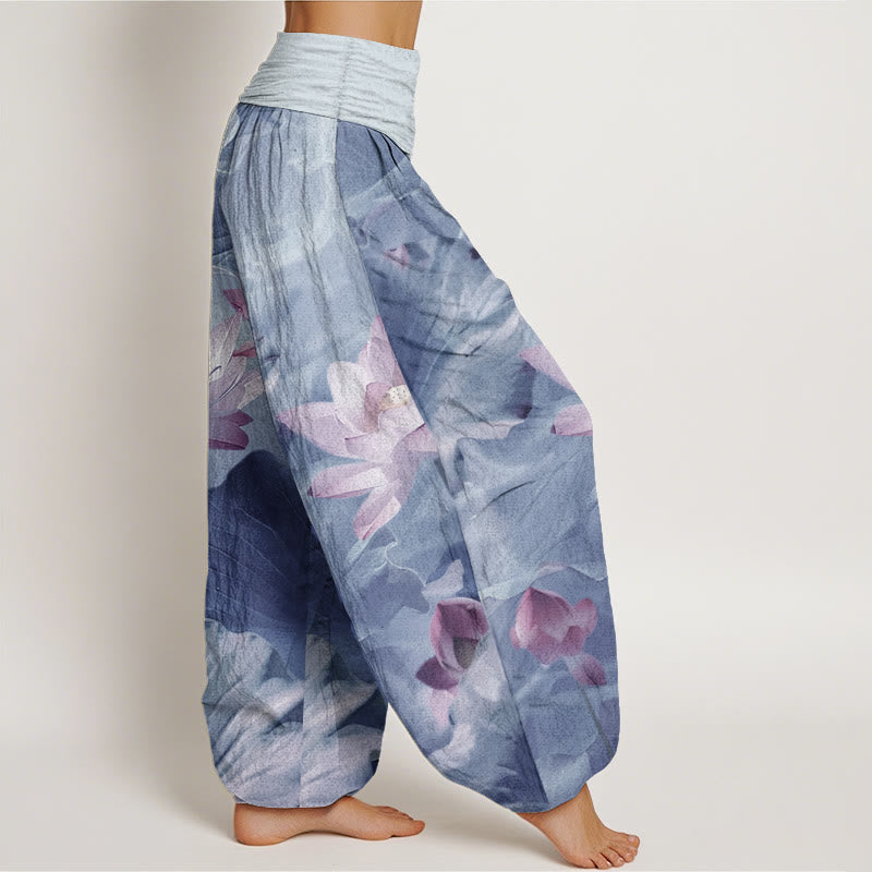 Pantaloni harem da donna con elastico in vita, in puro cotone, casual, motivo a petalo di loto, motivo a stagno, motivo Buddha Stones