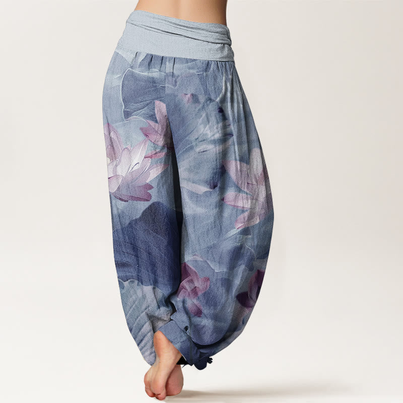 Pantaloni harem da donna con elastico in vita, in puro cotone, casual, motivo a petalo di loto, motivo a stagno, motivo Buddha Stones