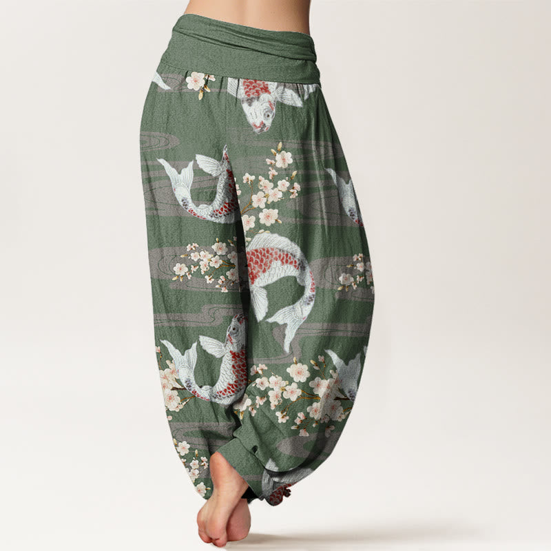 Pantaloni harem da donna con elastico in vita, in cotone, casual, con motivo a fiori di ciliegio e pesci koi, motivo Buddha Stones - image 6
