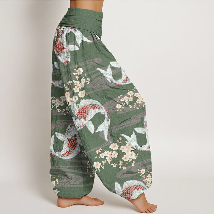 Pantaloni harem da donna con elastico in vita e motivo a fiori di ciliegio e pesci koi, stile casual, motivo Buddha Stones - image 6