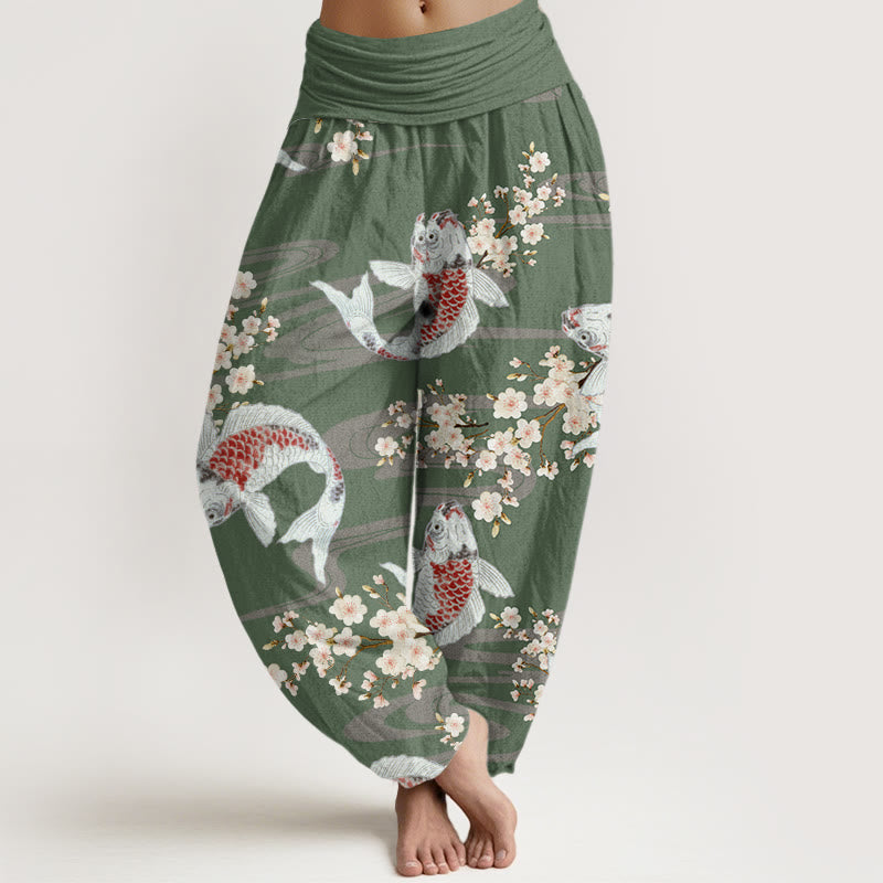 Pantaloni harem da donna con elastico in vita, in cotone, casual, con motivo a fiori di ciliegio e pesci koi, motivo Buddha Stones - DarkSeaGreen - US22, UK/AU26, EU54 (6XL) - image 4