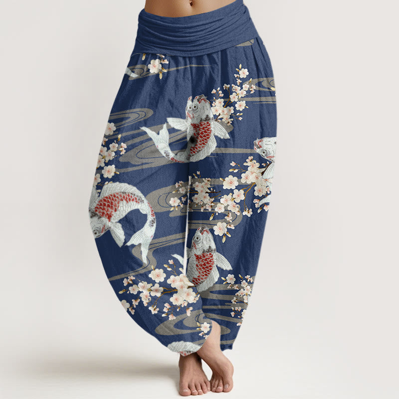 Pantaloni harem da donna con elastico in vita, in cotone, casual, con motivo a fiori di ciliegio e pesci koi, motivo Buddha Stones - SteelBlue - US22, UK/AU26, EU54 (6XL) - image 7