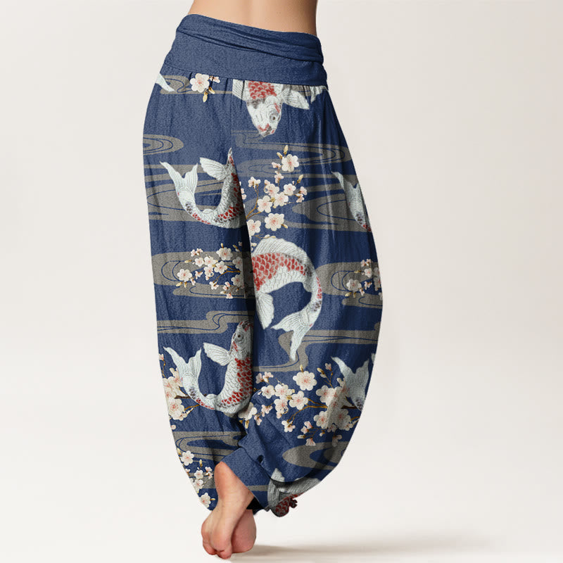 Pantaloni harem da donna con elastico in vita e motivo a fiori di ciliegio e pesci koi, stile casual, motivo Buddha Stones - image 10