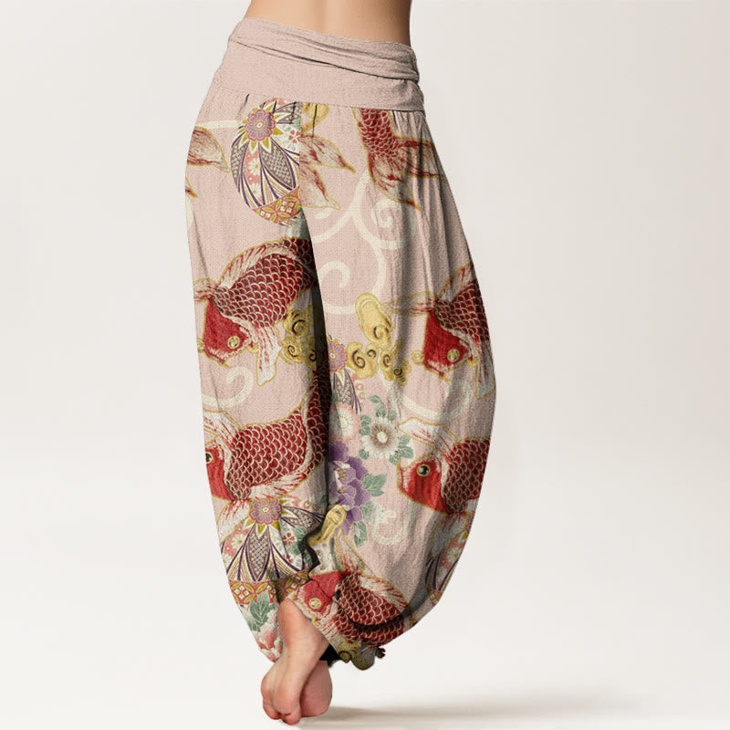 Pantaloni harem da donna con elastico in vita, motivo floreale e motivo koi, in cotone, casual , Buddha Stones - image 2