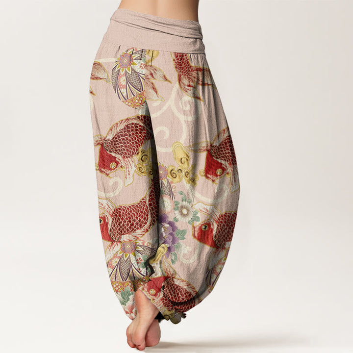 Pantaloni harem da donna con elastico in vita, motivo floreale e motivo koi, in cotone, casual , Buddha Stones - image 2