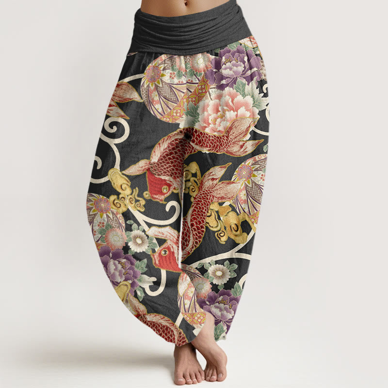 Pantaloni harem da donna con elastico in vita e motivo floreale casual Buddha Stones Koi - Nero - US22, UK/AU26, EU54 (6XL) - image 5