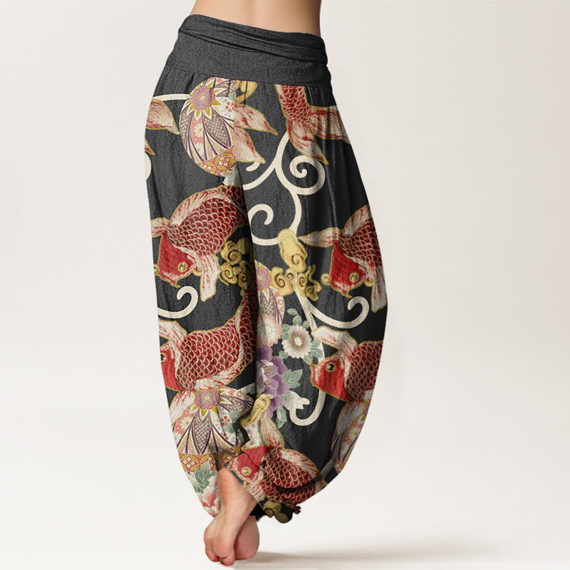 Pantaloni harem da donna con elastico in vita, motivo floreale e motivo koi, in cotone, casual , Buddha Stones - image 6