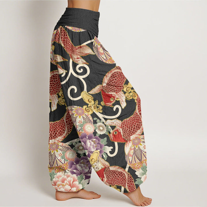 Pantaloni harem da donna con elastico in vita, motivo floreale e motivo koi, in cotone, casual , Buddha Stones - image 5