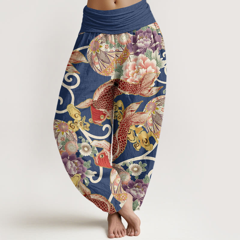 Pantaloni harem da donna con elastico in vita, motivo floreale e motivo koi, in cotone, casual , Buddha Stones - SteelBlue - US22, UK/AU26, EU54 (6XL) - image 7