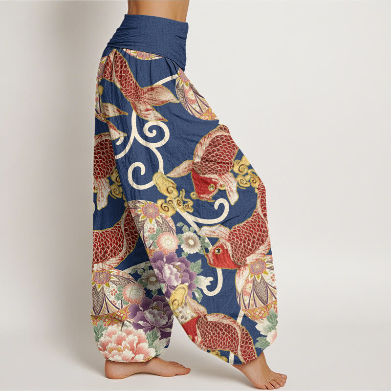Pantaloni harem da donna con elastico in vita, motivo floreale e motivo koi, in cotone, casual , Buddha Stones - image 8