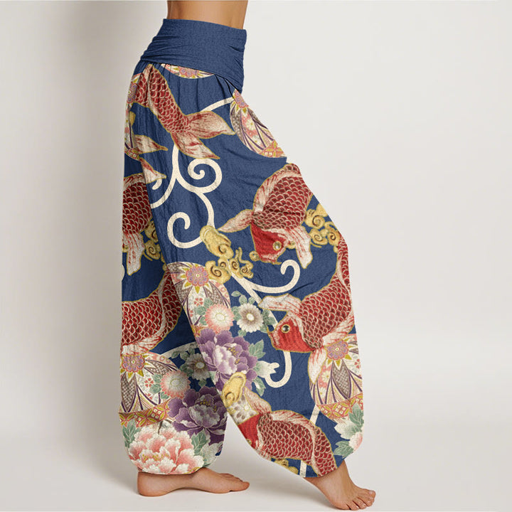 Pantaloni harem da donna con elastico in vita, motivo floreale e motivo koi, in cotone, casual , Buddha Stones - image 8