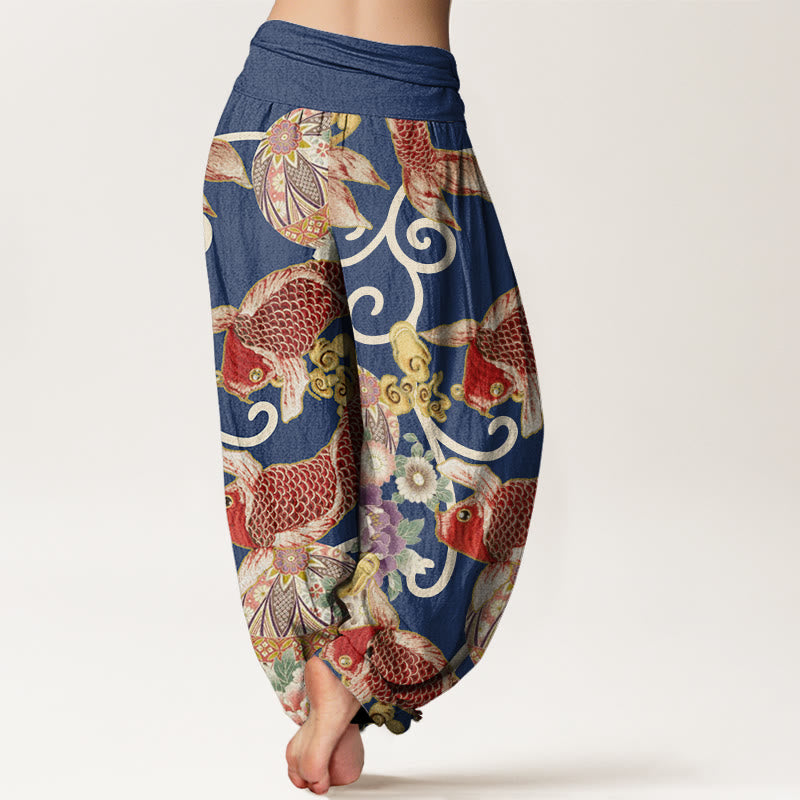 Pantaloni harem da donna con elastico in vita, motivo floreale e motivo koi, in cotone, casual , Buddha Stones - image 9